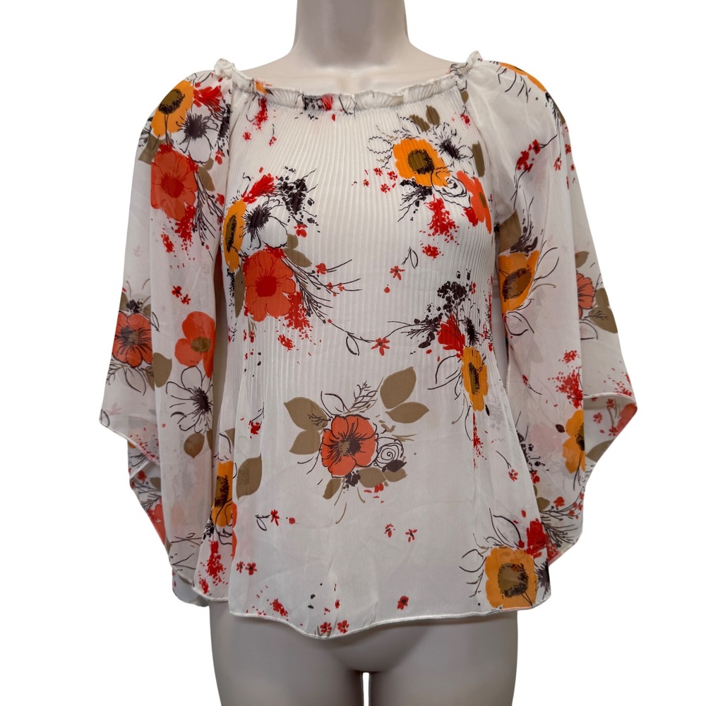 Vintage 90s Rag Womens Blouse S White Floral‎ Pleated Angel Sleeve Boho Ethereal
